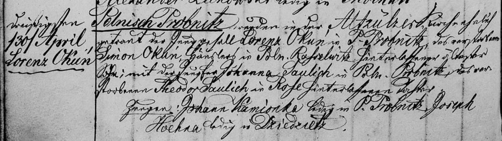 Adnotacja o ślubie z pisownią nazwiska Okuń [księga ślubów par. Solec, wpis nr 5/1871]