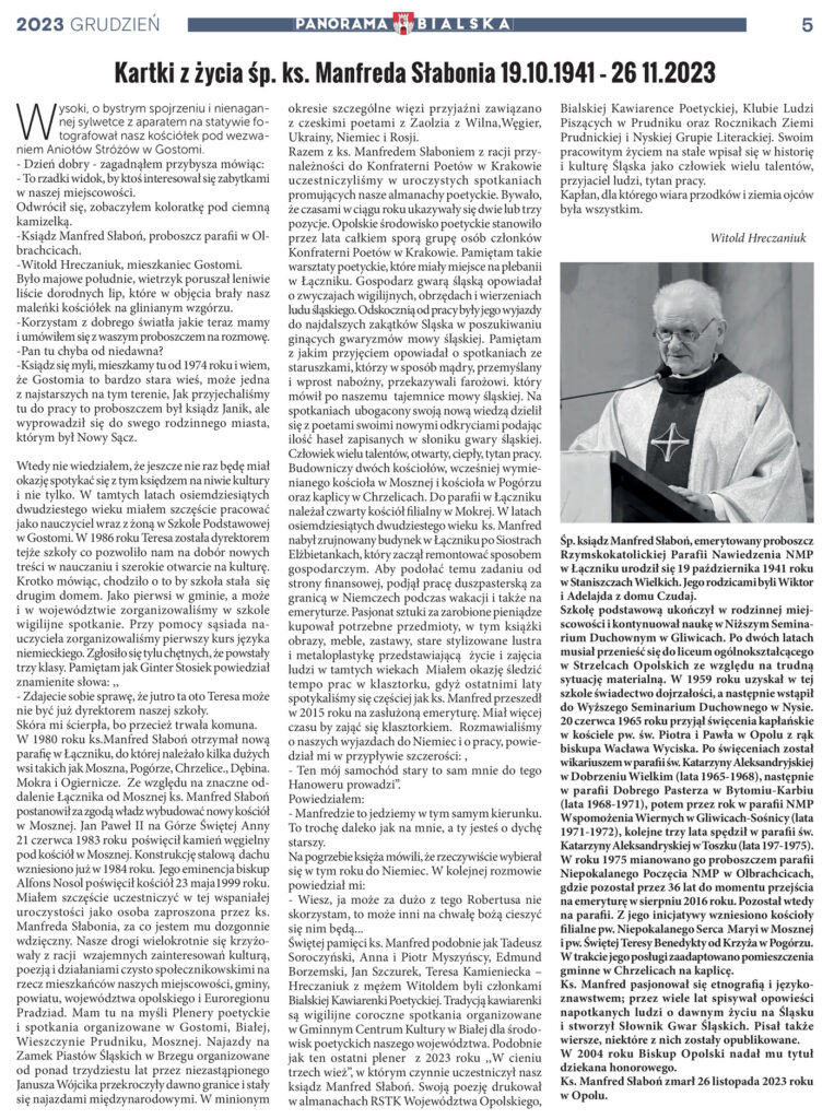 Kartki z życia śp. ks. Manfreda Słabonia..., "Panorama Bialska", grudzień 2023, s. 5.