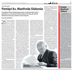Artykuł pt. "Pamięci ks. Manfreda Słabonia", który został opublikowany 29.11.2023 r. w Tygodniku Prudnickim.