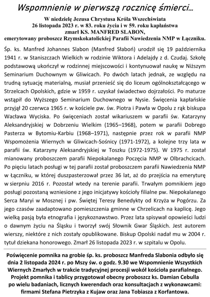 Poniżej życiorys ks. Słabonia, który został opublikowany w ogłoszeniach parafialnych par. Łącznik, 24.11.2024 r. - nr 48 (853).
