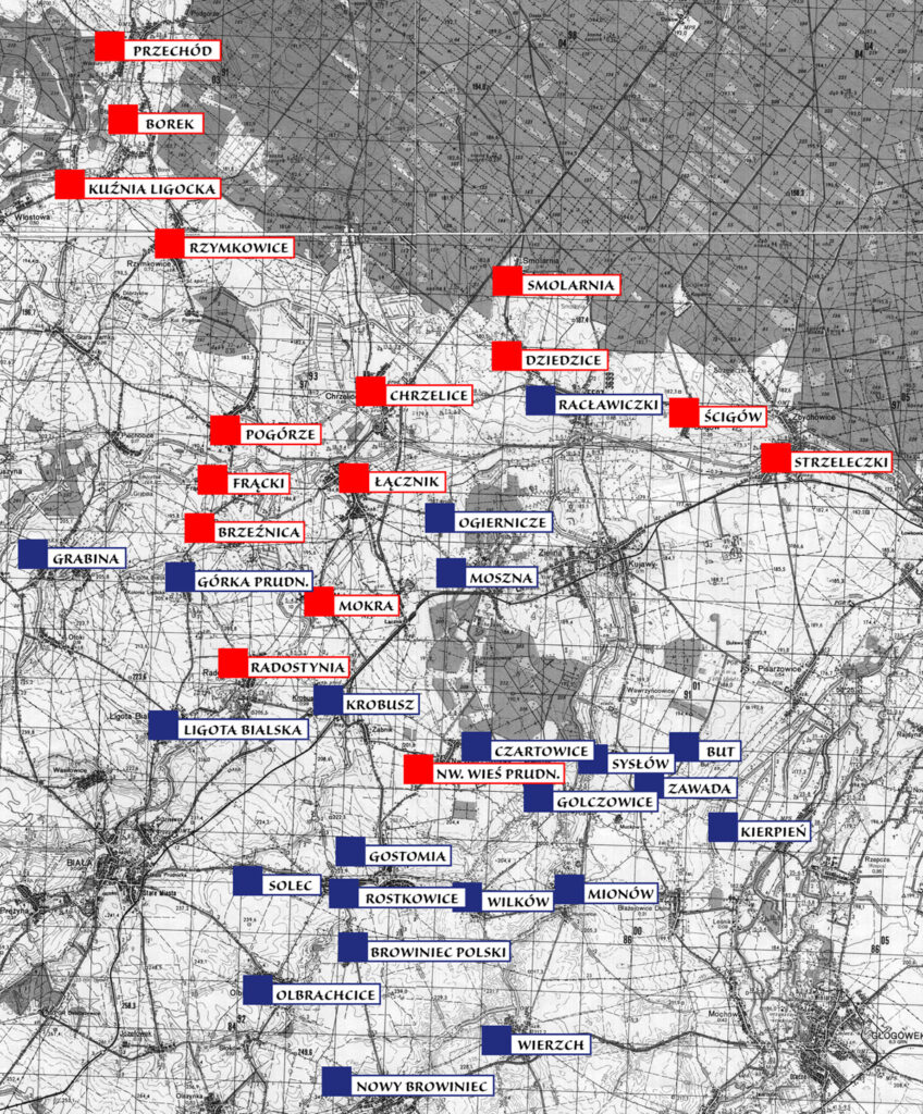 Miejscowości należące w swojej historii do dóbr chrzelickich (kolor czerwony) na tle wiosek, w których według F. Pluty w latach 60. XX wieku występowała dyftongizacja (kolor niebieski). Opracowanie własne, na tle wojskowej mapy topograficznej z 1987 r.