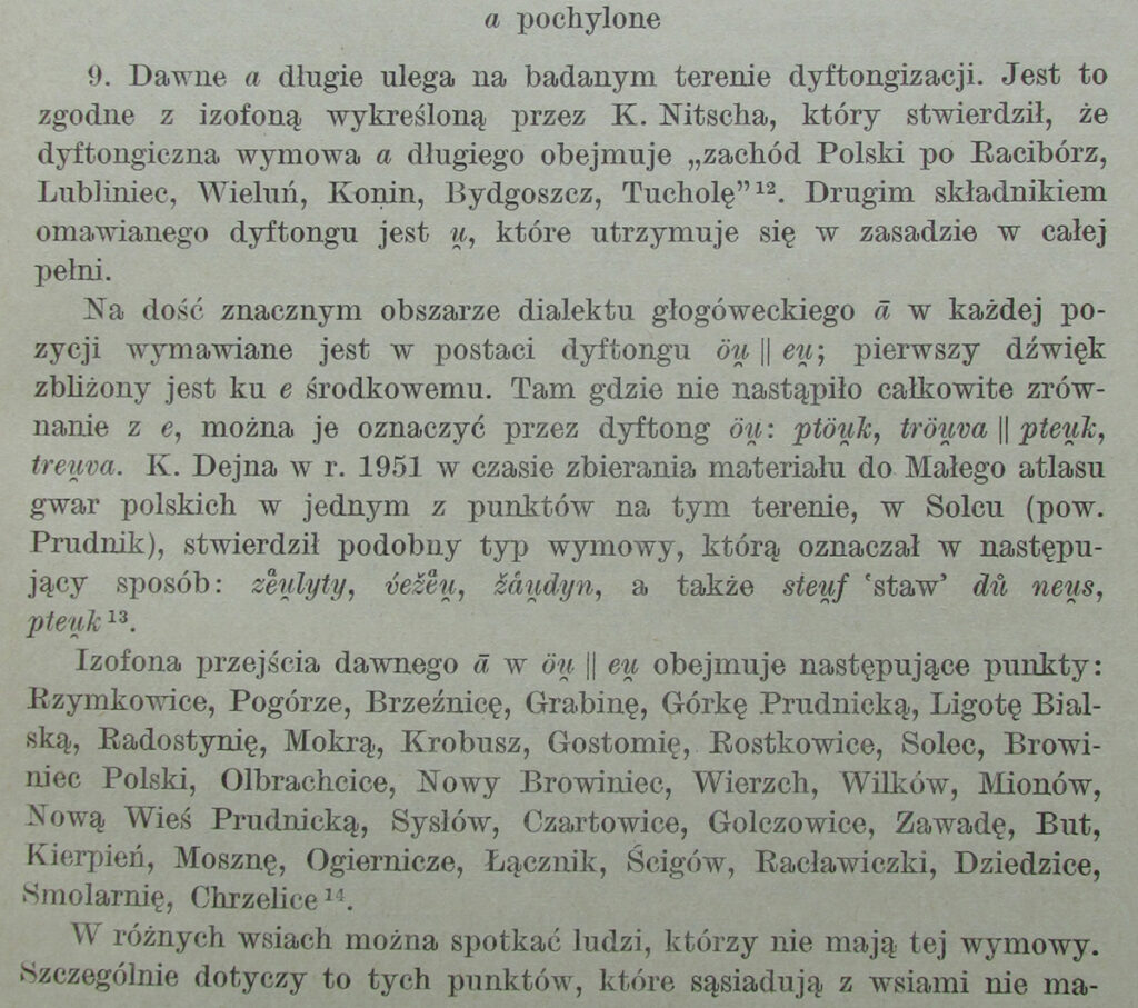 Fragment książki "Dialekt głogówecki – część I, fonetyka” (1963, s. 21), w której Feliks Pluta pisze o pochylonym "a".