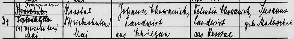 Wycinek z księgi pogrzebów parafii Racławiczki z informacją o śmierci i pogrzebie mieszkańca Ścigowa, który zmarł w Prężynie.